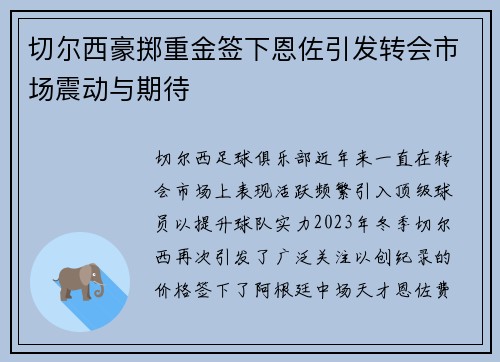 切尔西豪掷重金签下恩佐引发转会市场震动与期待